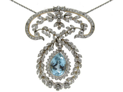 Edwardian Platinum Aquamarine & Diamond Pendant by J E Caudwell on Platinum Chain