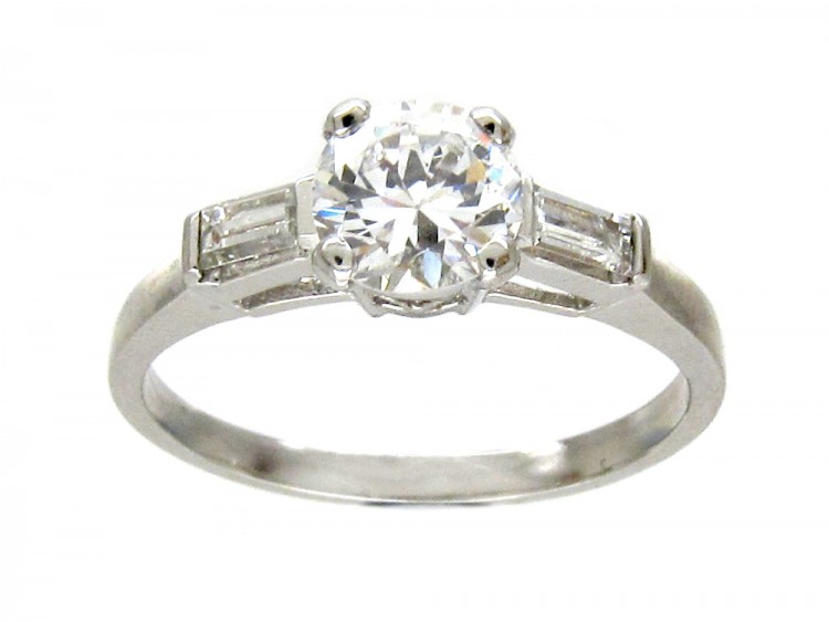 Art Deco 18ct White Gold Diamond Solitaire Ring with Baguette Diamond Shoulders