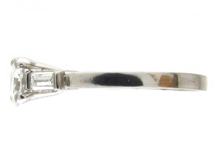 Art Deco 18ct White Gold Diamond Solitaire Ring with Baguette Diamond Shoulders