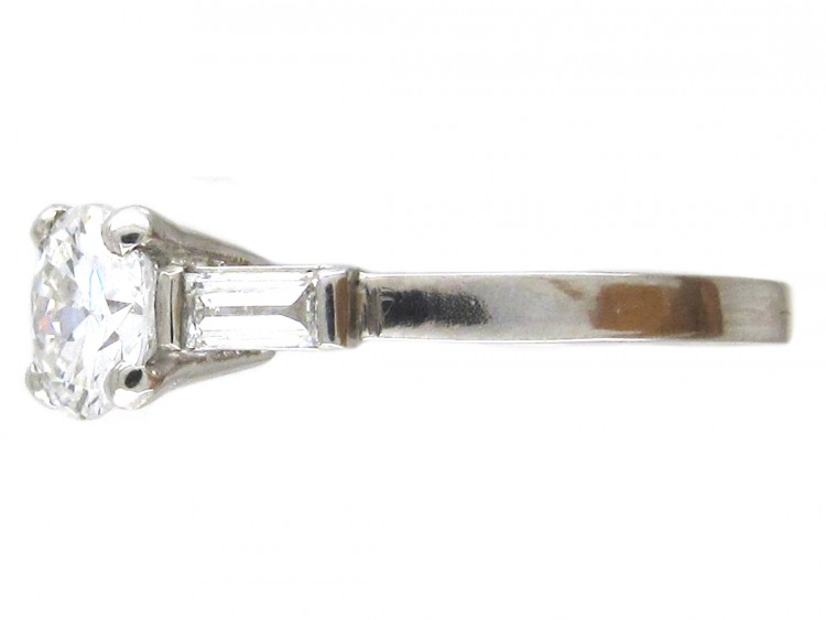 Art Deco 18ct White Gold Diamond Solitaire Ring with Baguette Diamond Shoulders