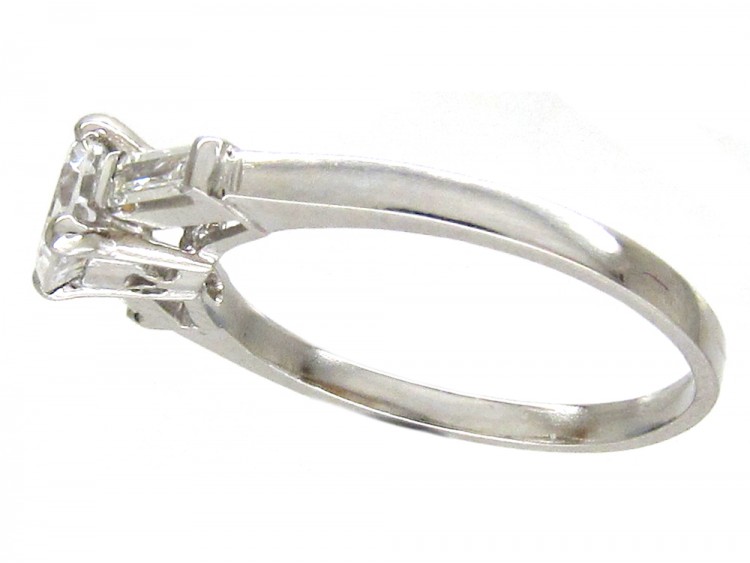 Art Deco 18ct White Gold Diamond Solitaire Ring with Baguette Diamond Shoulders