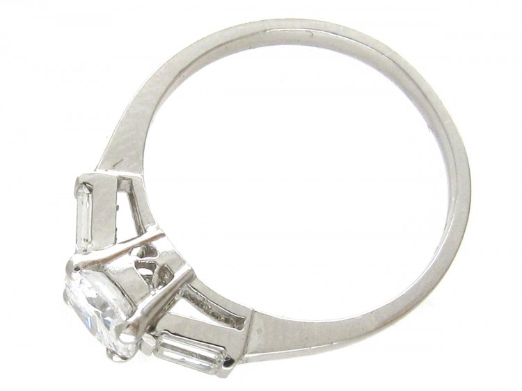 Art Deco 18ct White Gold Diamond Solitaire Ring with Baguette Diamond Shoulders