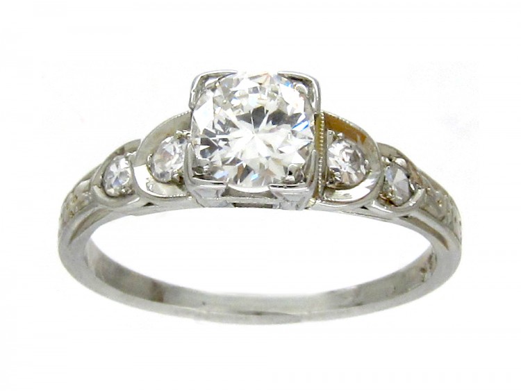 Art Deco Diamond Solitaire Ring with Diamond Shoulders