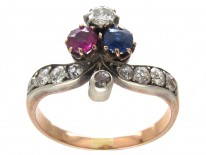 Art Nouveau Sapphire Diamond & Ruby Trefoil Ring