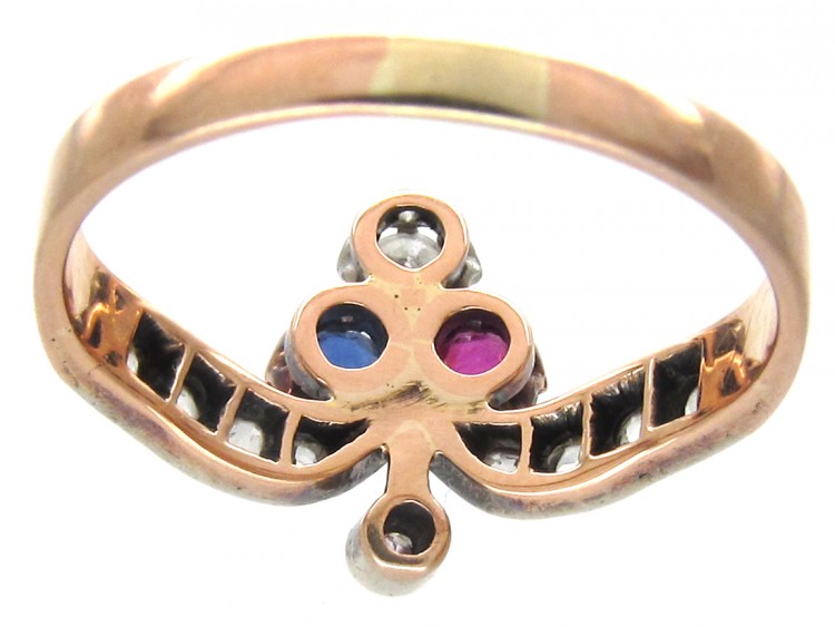 Art Nouveau Sapphire Diamond & Ruby Trefoil Ring