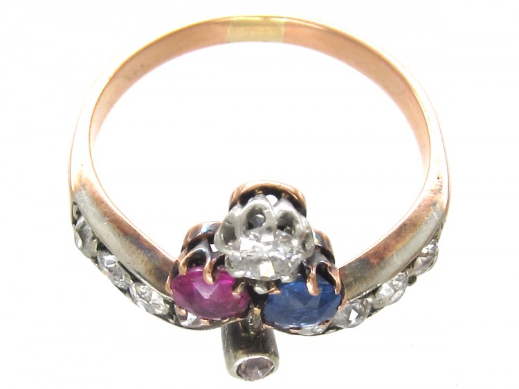 Art Nouveau Sapphire Diamond & Ruby Trefoil Ring