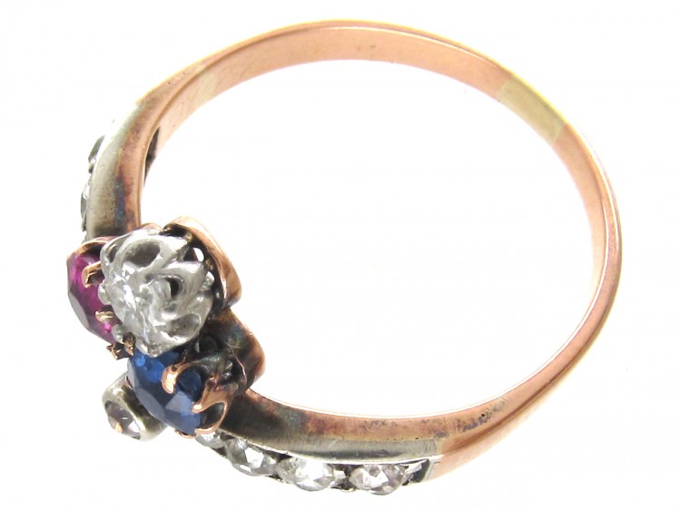 Art Nouveau Sapphire Diamond & Ruby Trefoil Ring
