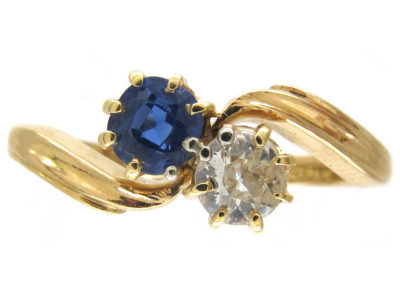 Edwardian Two Stone Diamond & Sapphire Crossover Ring