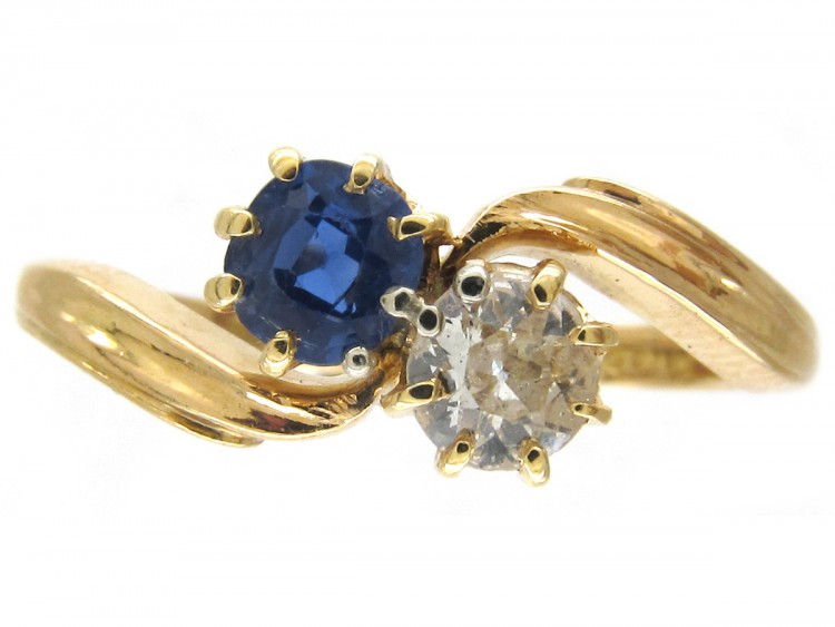 Edwardian Two Stone Diamond & Sapphire Crossover Ring
