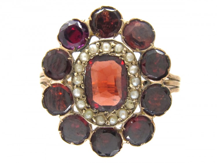 Georgian Flat Cut Garnet & Pearl Cluster Ring