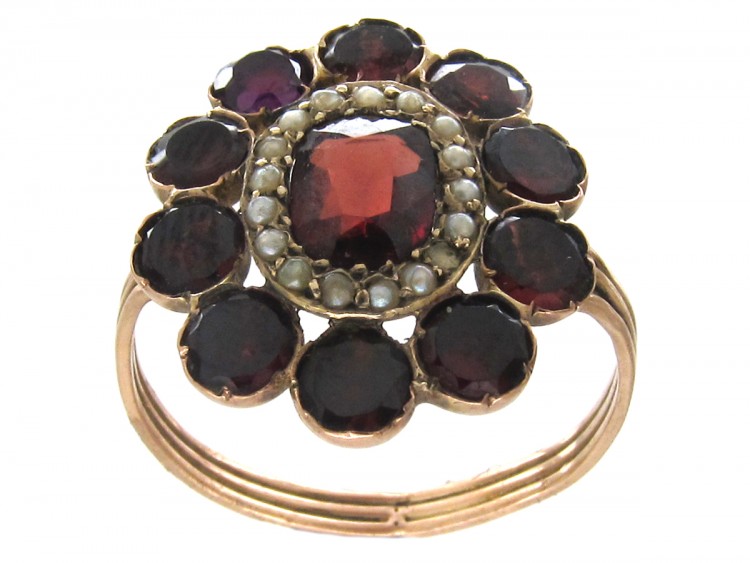Georgian Flat Cut Garnet & Pearl Cluster Ring