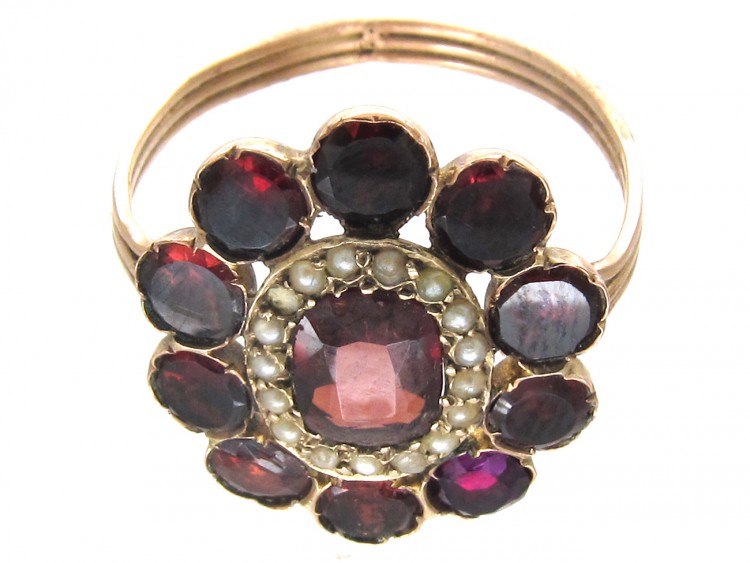 Georgian Flat Cut Garnet & Pearl Cluster Ring