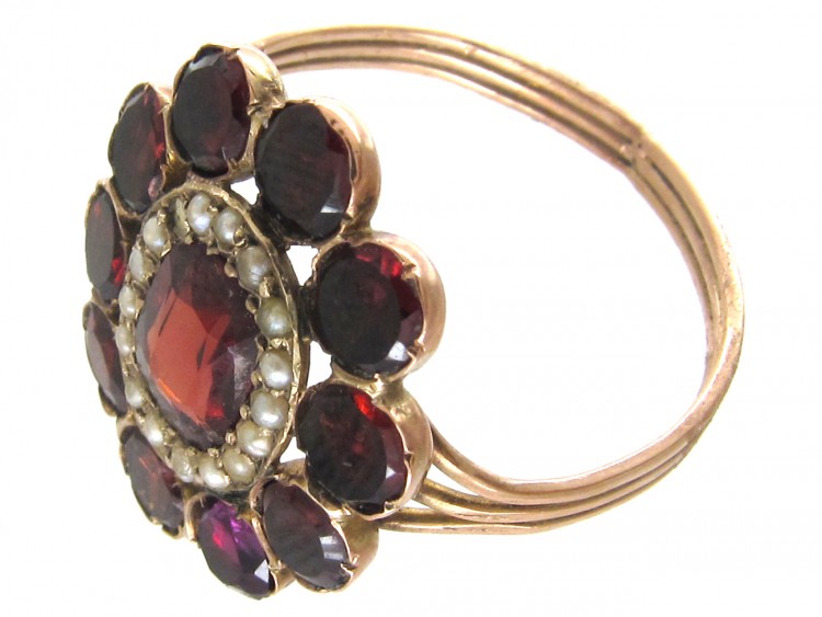 Georgian Flat Cut Garnet & Pearl Cluster Ring
