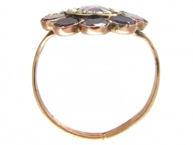 Georgian Flat Cut Garnet & Pearl Cluster Ring