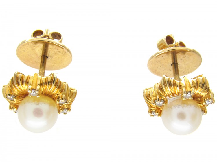 14ct Gold, Pearl & Diamond Round Earrings