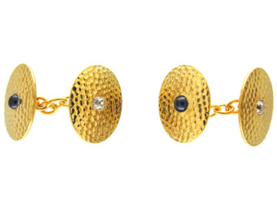 Edwardian 18ct Hammered Gold Sapphire & Diamond Cufflinks