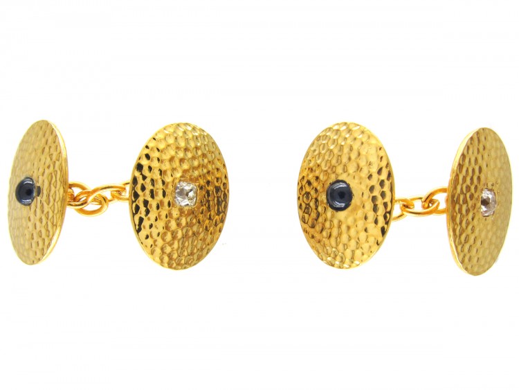 Edwardian 18ct Hammered Gold Sapphire & Diamond Cufflinks