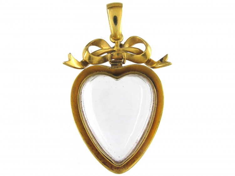 Victorian Large Heart Shaped Gold & Rock Crystal Pendant with Bow Top