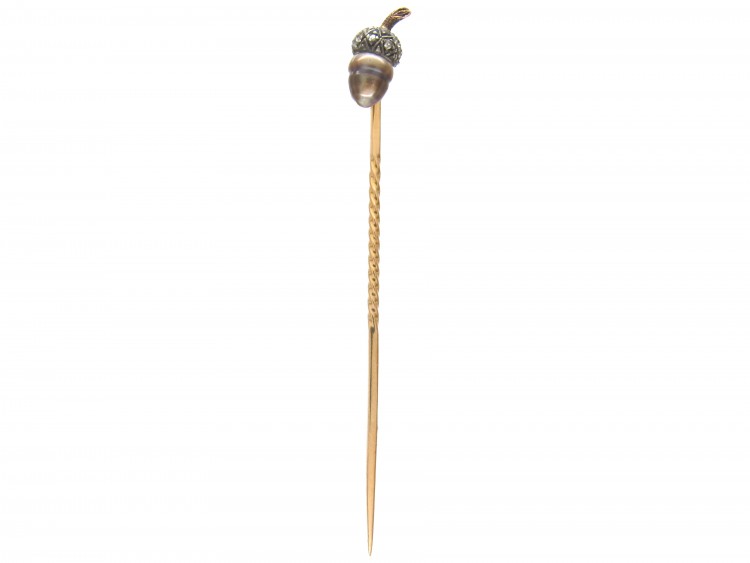 Edwardian Natural Grey Pearl & Rose Diamond Acorn Stickpin