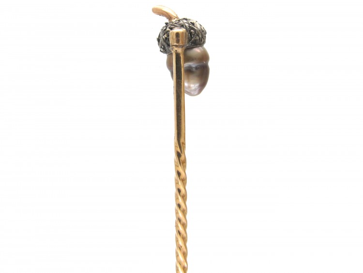 Edwardian Natural Grey Pearl & Rose Diamond Acorn Stickpin