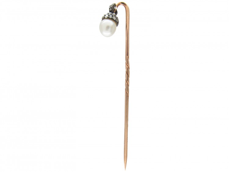 Edwardian Natural Pearl & Rose Diamond Acorn Stickpin