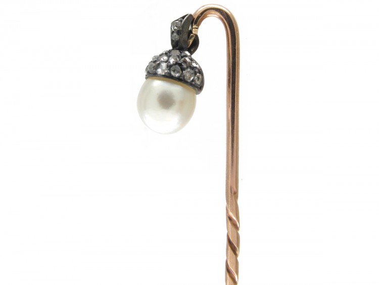 Edwardian Natural Pearl & Rose Diamond Acorn Stickpin