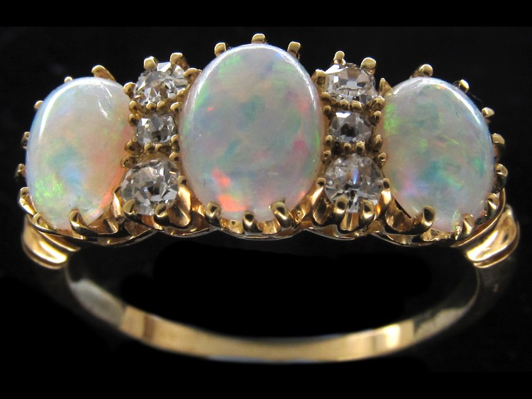 Victorian Three Stone Opal & Diamond Ring