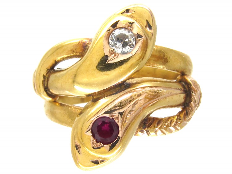 18ct Gold Double Snake Ring set with a Ruby & Diamond