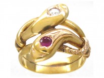 18ct Gold Double Snake Ring set with a Ruby & Diamond