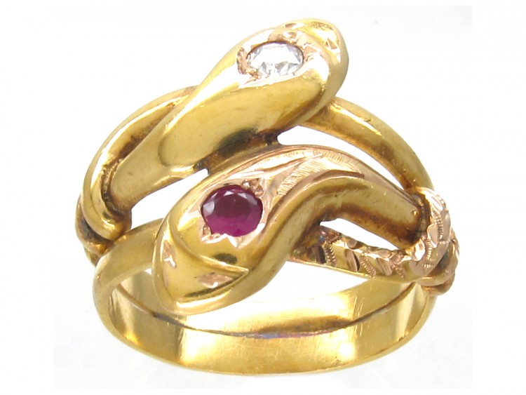 18ct Gold Double Snake Ring set with a Ruby & Diamond