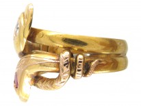 18ct Gold Double Snake Ring set with a Ruby & Diamond