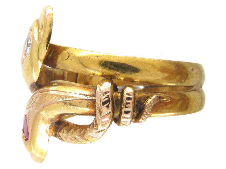 18ct Gold Double Snake Ring set with a Ruby & Diamond
