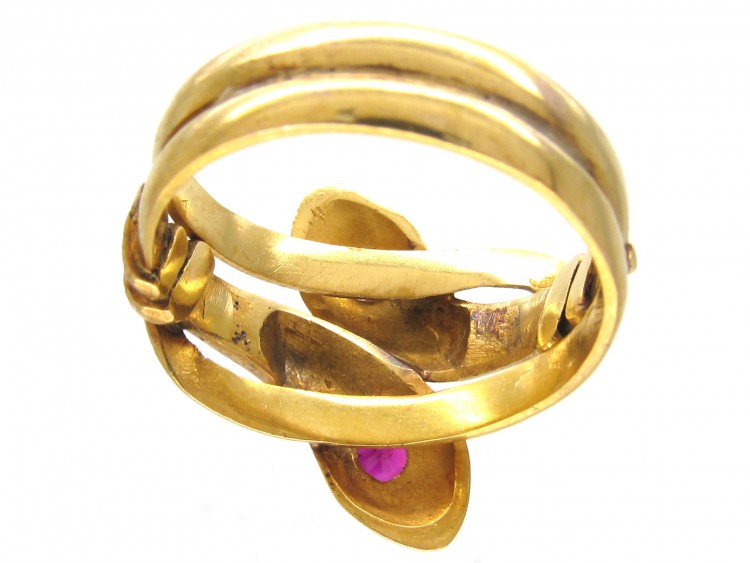18ct Gold Double Snake Ring set with a Ruby & Diamond