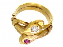 18ct Gold Double Snake Ring set with a Ruby & Diamond