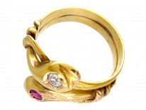 18ct Gold Double Snake Ring set with a Ruby & Diamond
