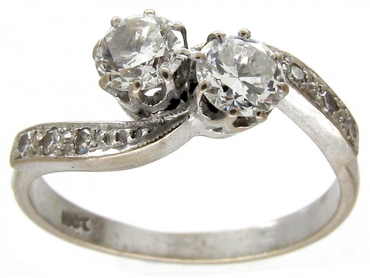 18ct White Gold Art Nouveau Two Stone Diamond Crossover Ring