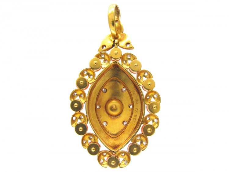 Victorian Coral & Diamond Oval Flower & Leaf Design Pendant