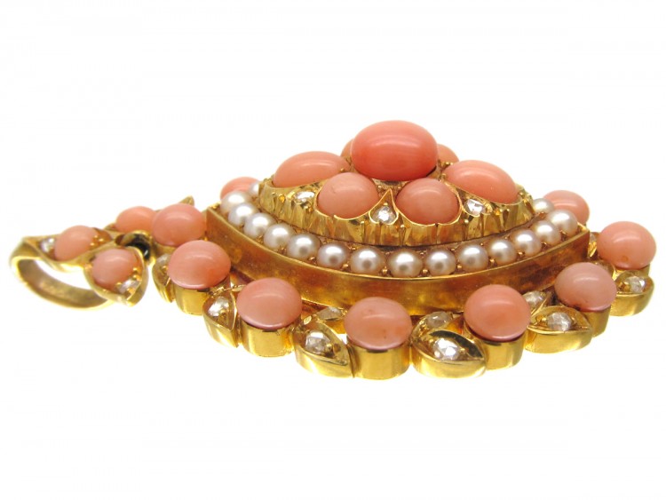 Victorian Coral & Diamond Oval Flower & Leaf Design Pendant