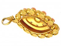 Victorian Coral & Diamond Oval Flower & Leaf Design Pendant
