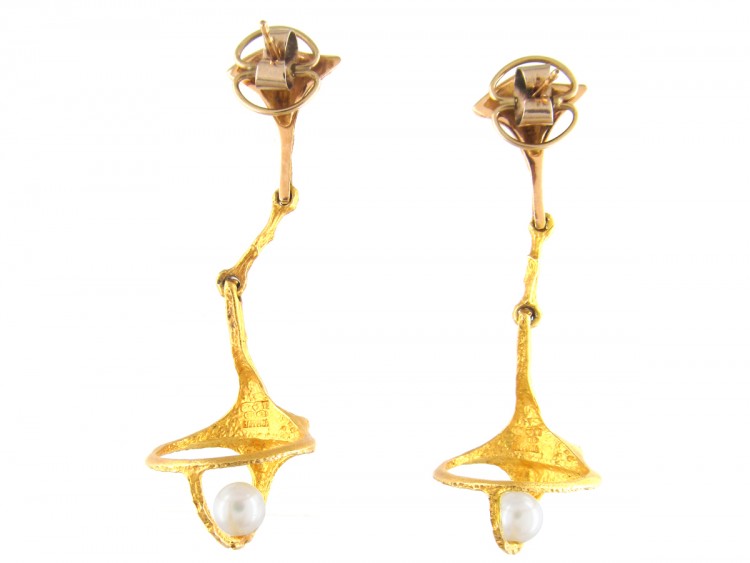 Long Drop 14ct Gold & Pearl Earrings By Björn Weckström for Lapponia