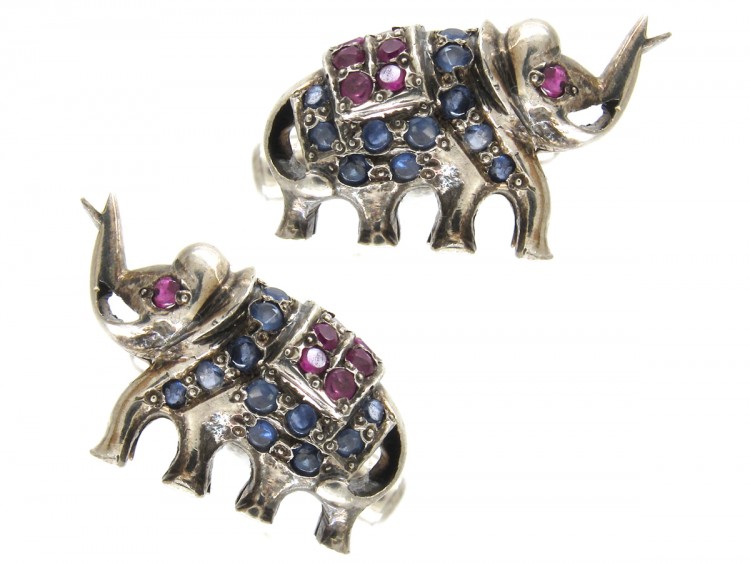 Silver, Sapphire & Ruby Elephant Cufflinks