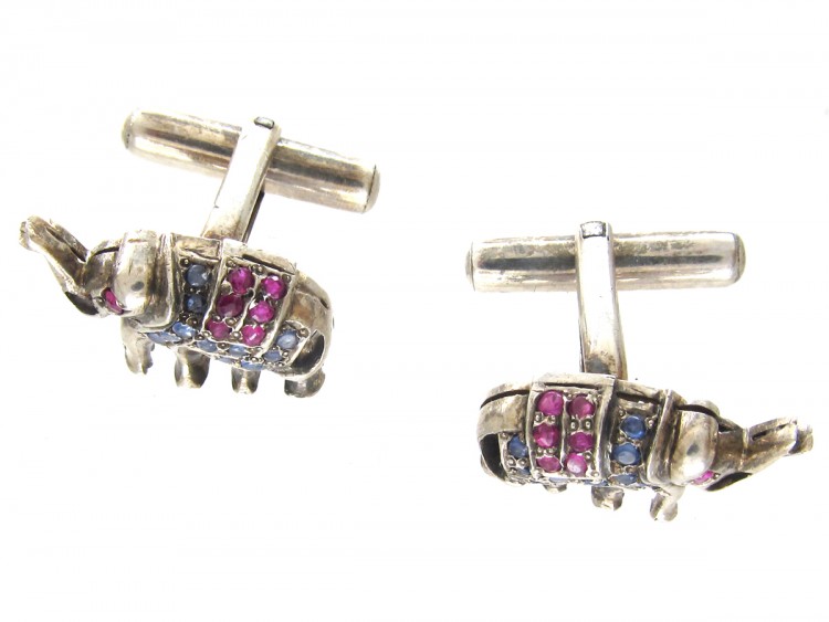 Silver, Sapphire & Ruby Elephant Cufflinks