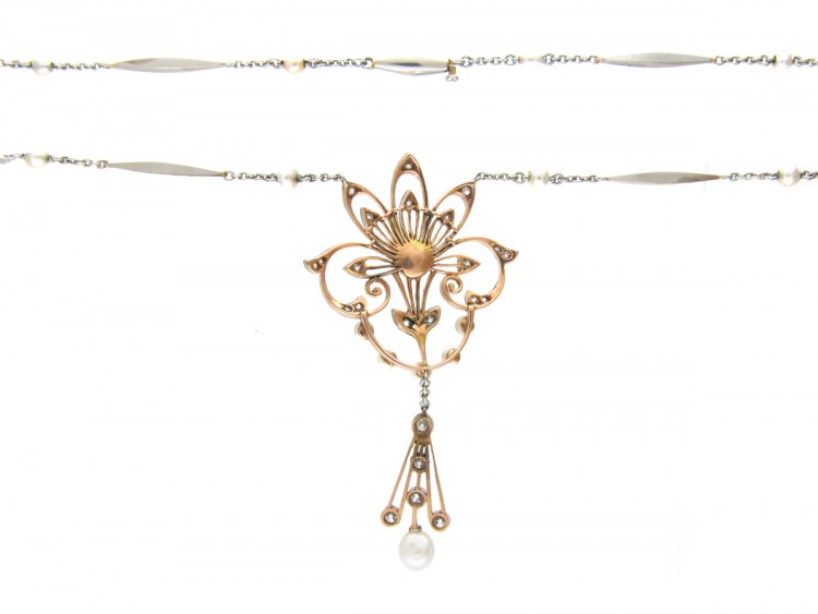 Edwardian Natural Pearl & Diamond Pendant on Platinum & Natural Pearl Chain