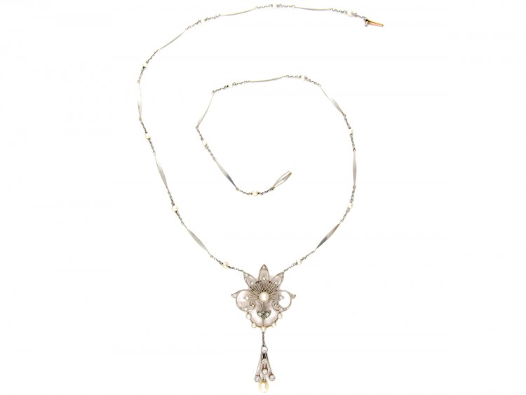 Edwardian Natural Pearl & Diamond Pendant on Platinum & Natural Pearl Chain