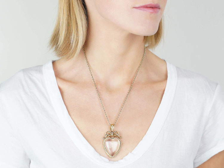 Victorian Large Heart Shaped Gold & Rock Crystal Pendant with Bow Top