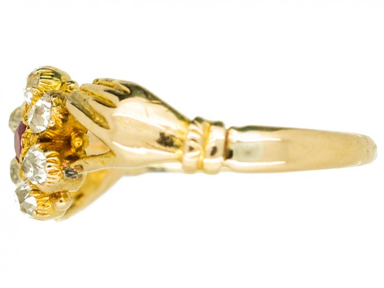 Georgian Two Hands Ring with Central Ruby & Diamond Flower Cluster