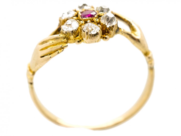 Georgian Two Hands Ring with Central Ruby & Diamond Flower Cluster