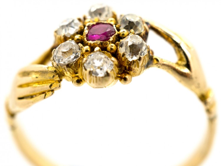 Georgian Two Hands Ring with Central Ruby & Diamond Flower Cluster