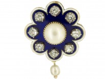 Victorian 15ct Gold Royal Blue Enamel, Old Mine Cut Diamond & Natural Pearl Brooch