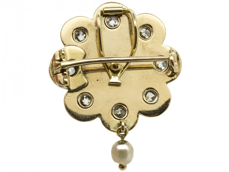 Victorian 15ct Gold Royal Blue Enamel, Old Mine Cut Diamond & Natural Pearl Brooch